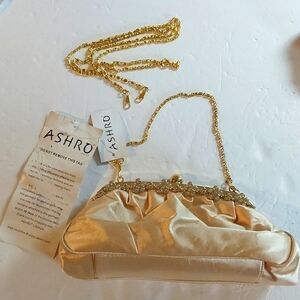 Ashro Vintage luxury Soft Gold Satin Crystals EVENING BAG/ Shoulder BAG New!